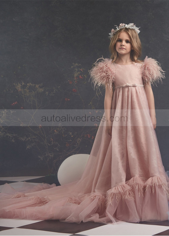 Feather Sleeve Beaded Lace Tulle Flower Girl Dress